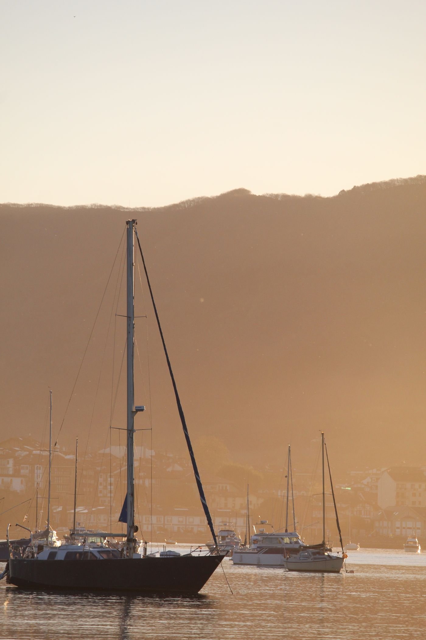 Port de pêche d'Hondarribia avec bateaux amarrés au coucher du soleil