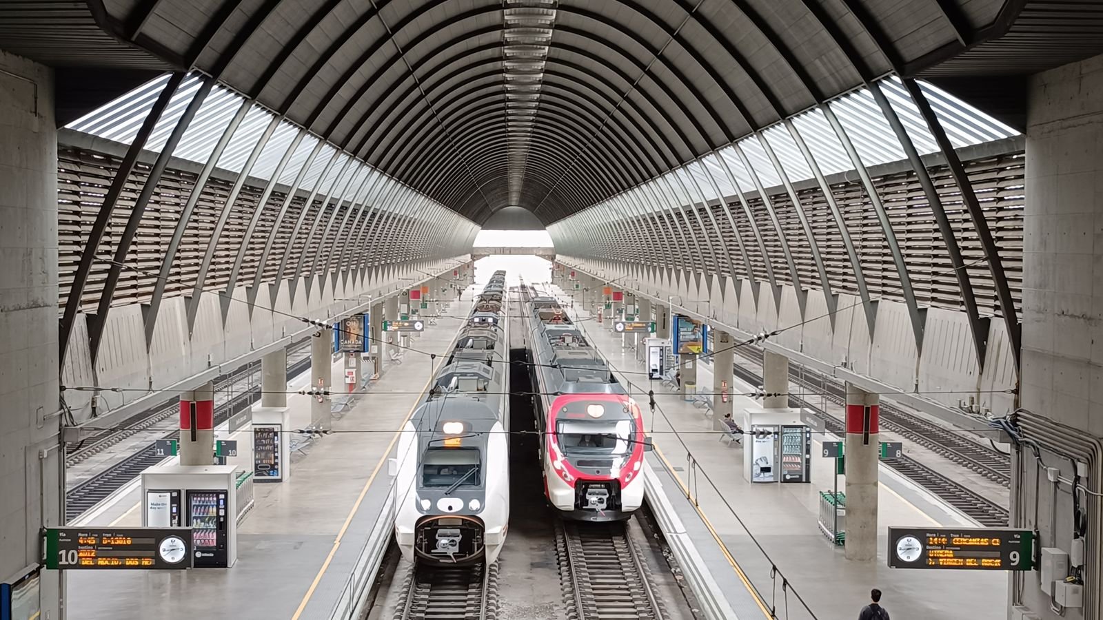 Vue aerienne de la gare de Séville Santa Justa avec deux trains a quai